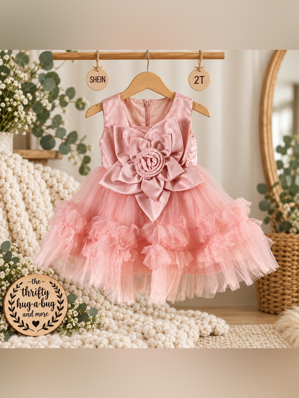 SHEIN Girls 2T Pink Satin Flower Tulle Party Dress Birthday Wedding